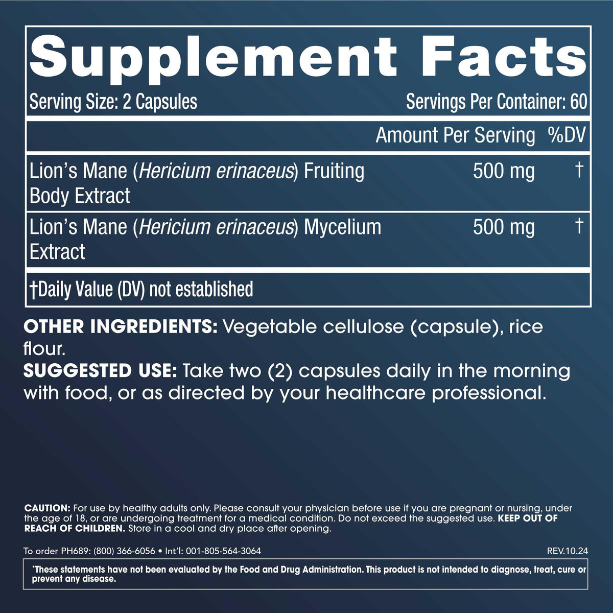 ProHealth Lion’s Mane 120 capsules vue arrière avec informations nutritionnelles