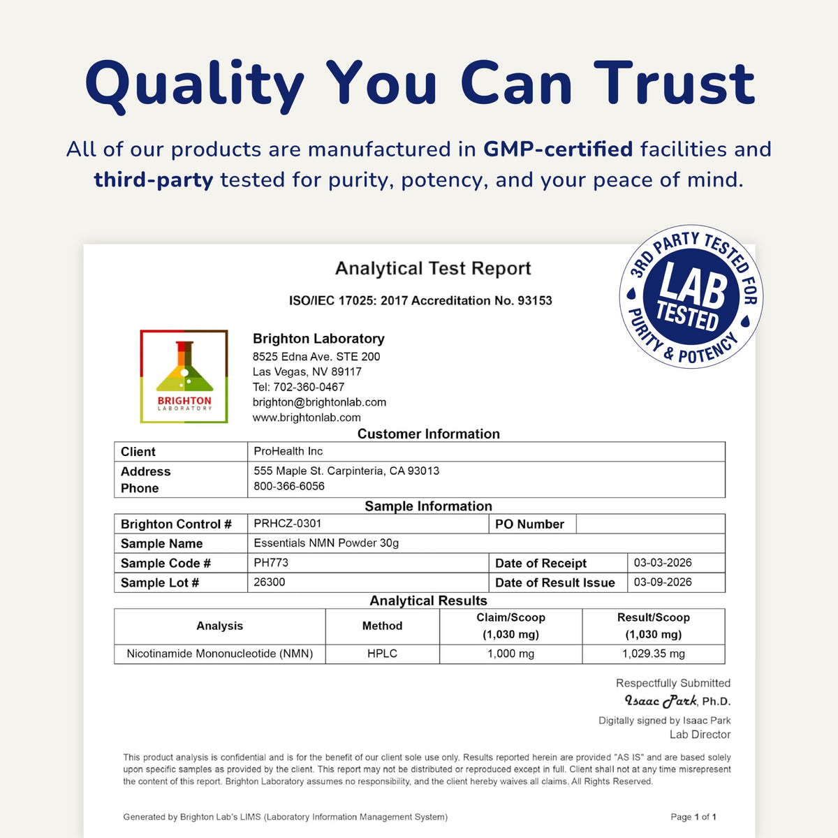 ProHealth NMN Poudre 30g avec ingrédients sur l'emballage