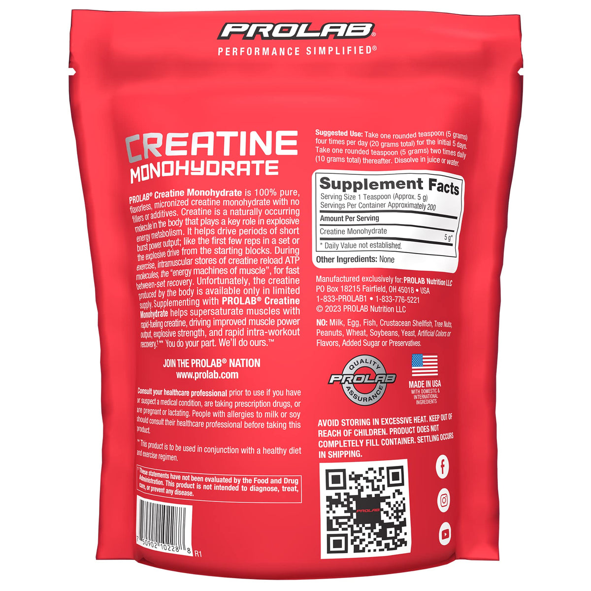 ProLab Créatine Monohydrate Poudre 1000g vue arrière