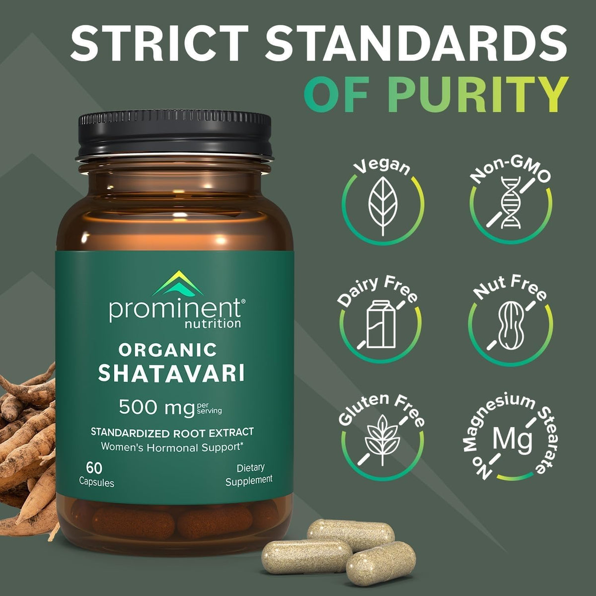 Prominent Nutrition Shatavari 500 mg 60 capsules avec un fond naturel
