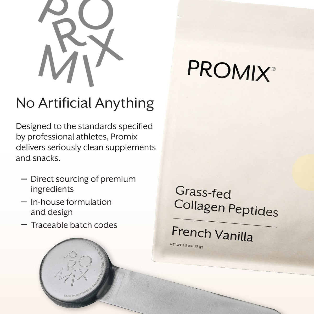 ProMix Nutrition Poudre de Collagène Aromatisée Vanille 1179g sur une table en bois