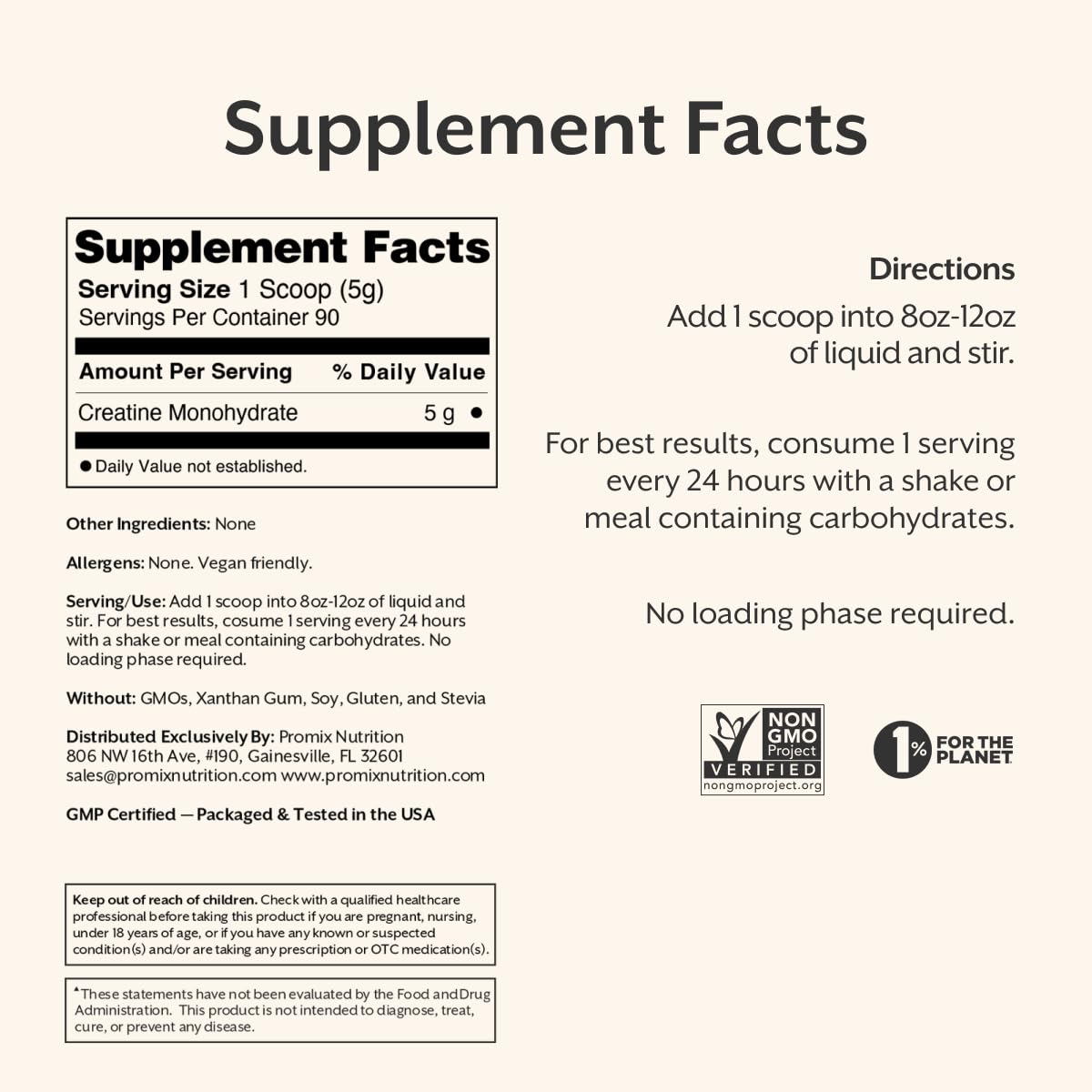 ProMix Nutrition Poudre de Créatine Monohydrate 458g étiquette des ingrédients
