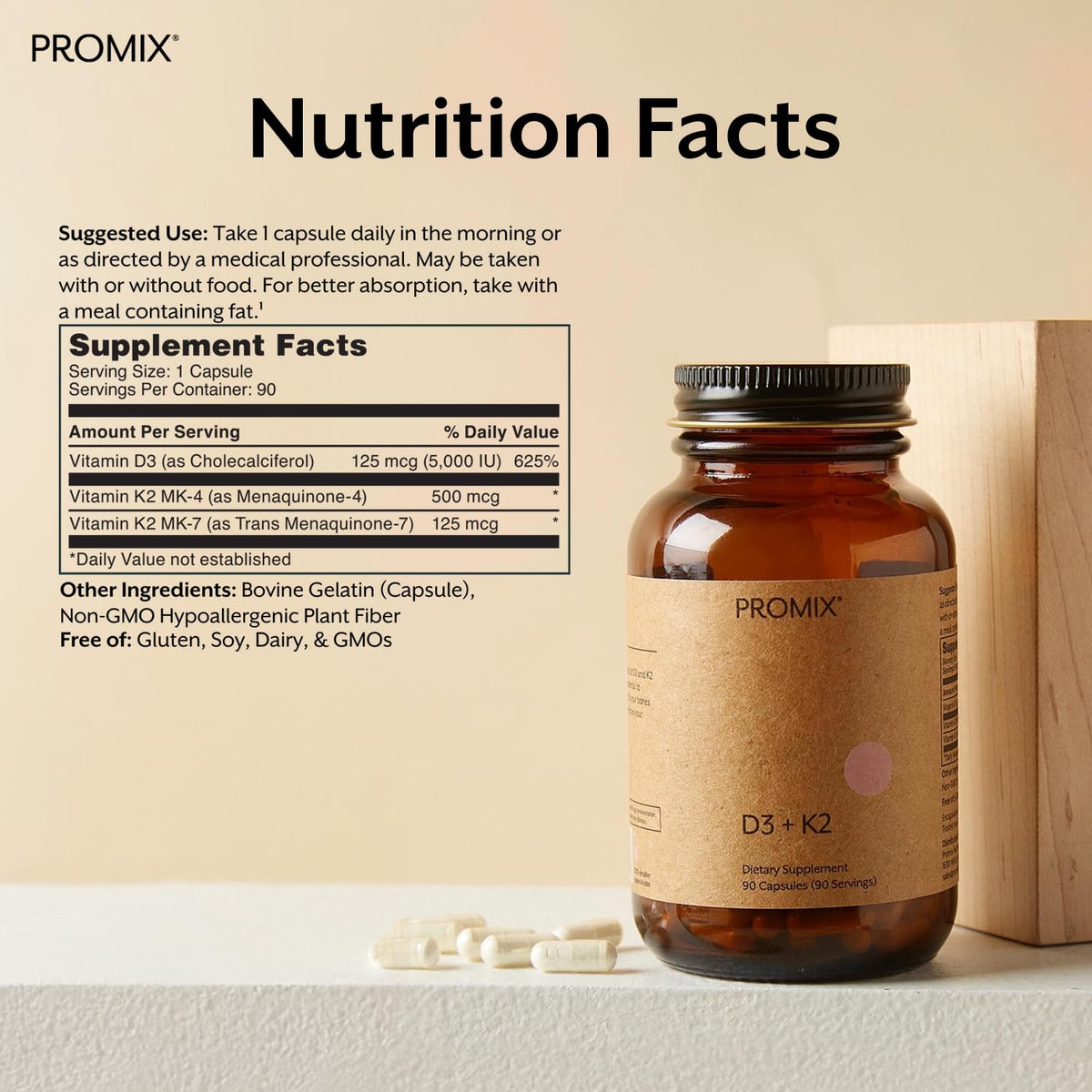 ProMix Nutrition Vitamine D3 K2 capsules ouvertes montrant le contenu
