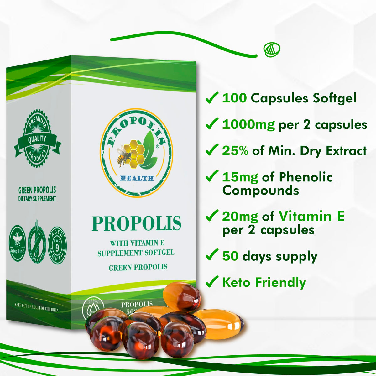 Propolis Health capsules sur fond blanc