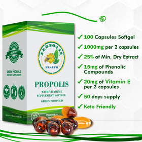 Propolis Health capsules sur fond blanc