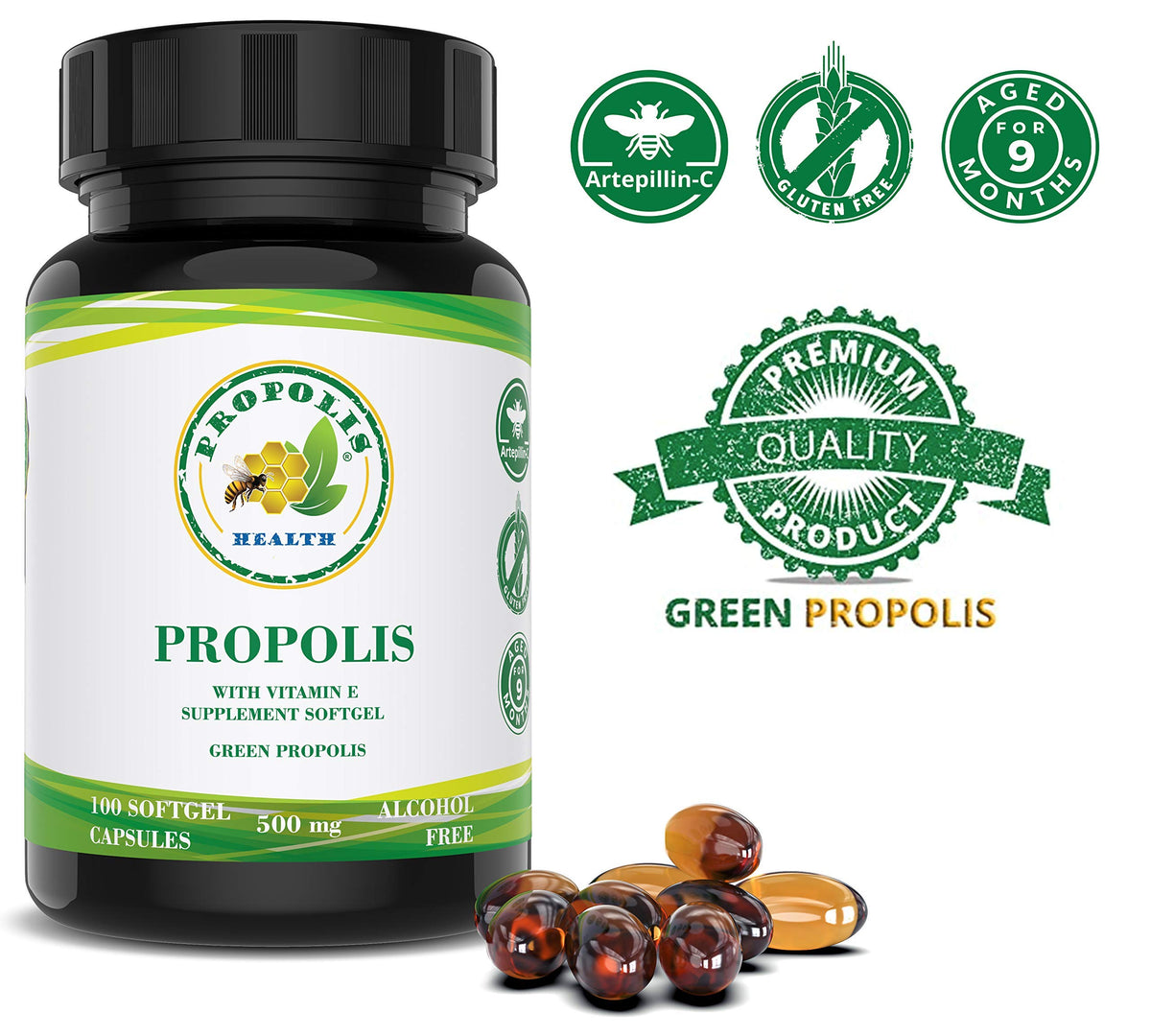 Propolis Health capsules sur une table