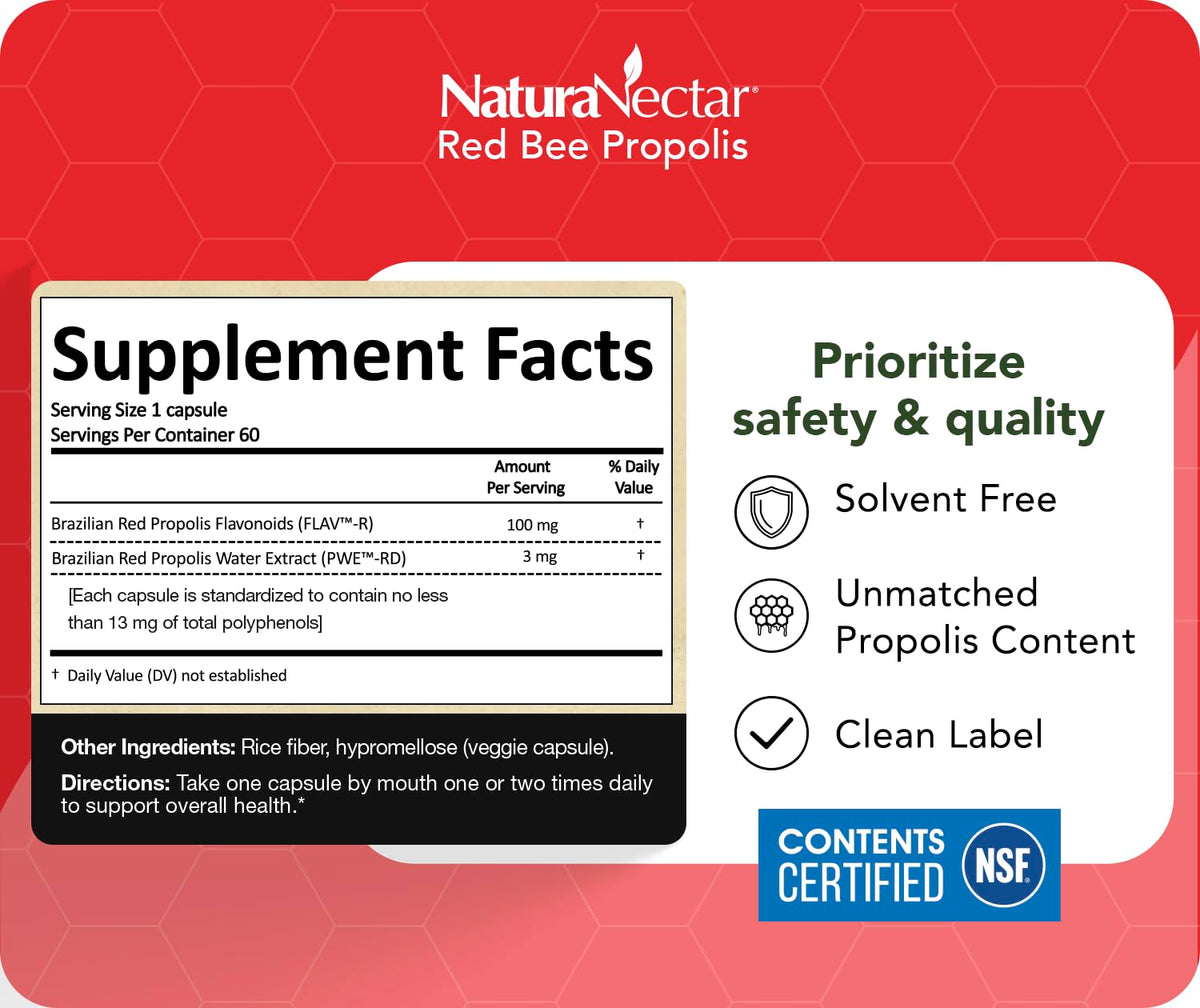 Propolis Rouge NaturaNectar, capsules ouvertes sur une table