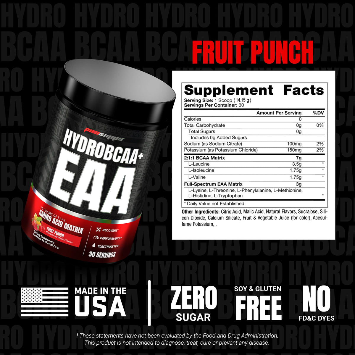 ProSupps HydroBCAA Poudre d'Amino Acides 520g Saveur Fruit Punch vue de côté