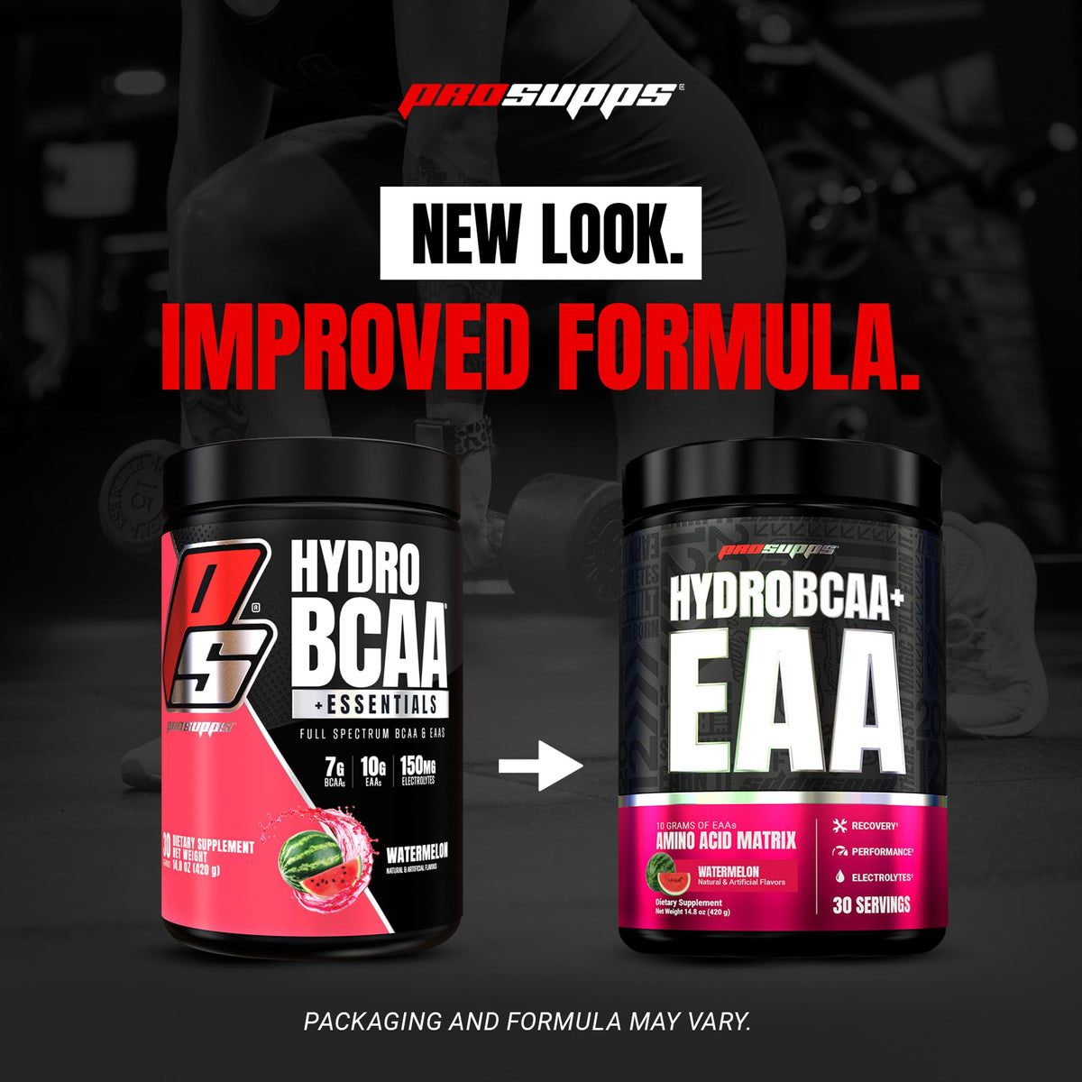 ProSupps HydroBCAA Poudre Saveur Pastèque 481g avec ingrédients listés