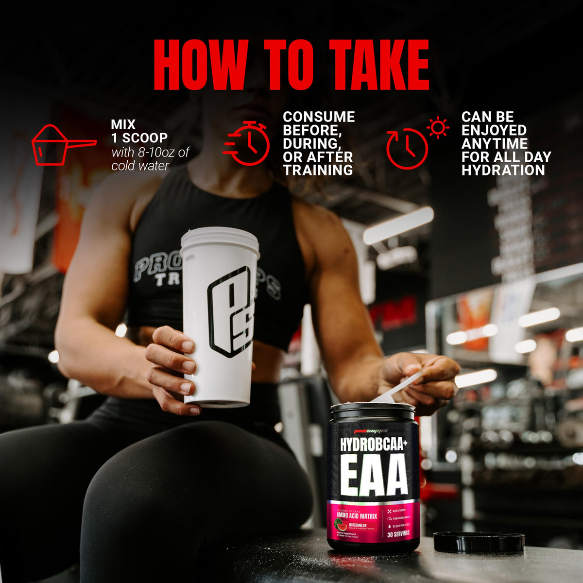 ProSupps HydroBCAA Poudre Saveur Pastèque 481g en utilisation pendant l'entraînement