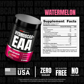 ProSupps HydroBCAA Poudre Saveur Pastèque 481g sur une table avec shaker