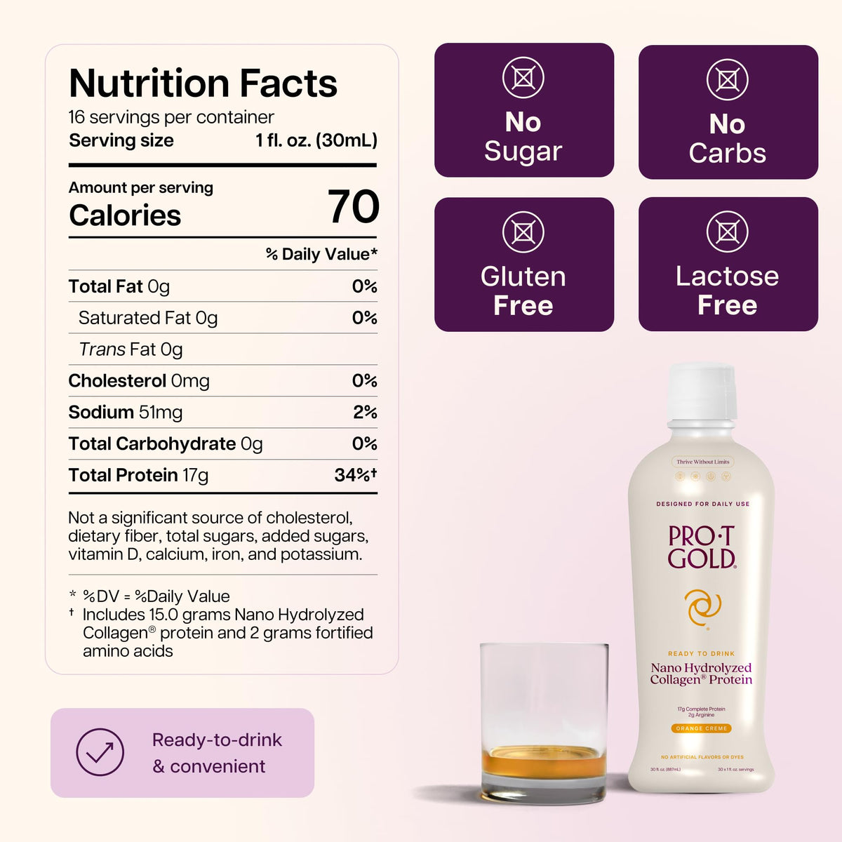 ProT Gold Collagène Liquide Saveur Orange Crème avec étiquette visible