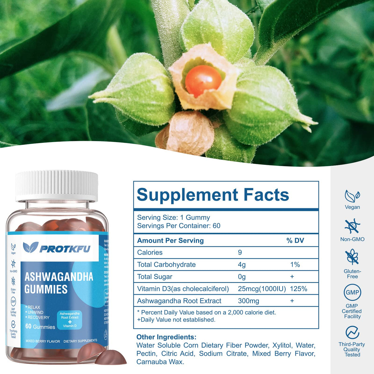 ProTKFU Gummies Ashwagandha, vue latérale des gummies