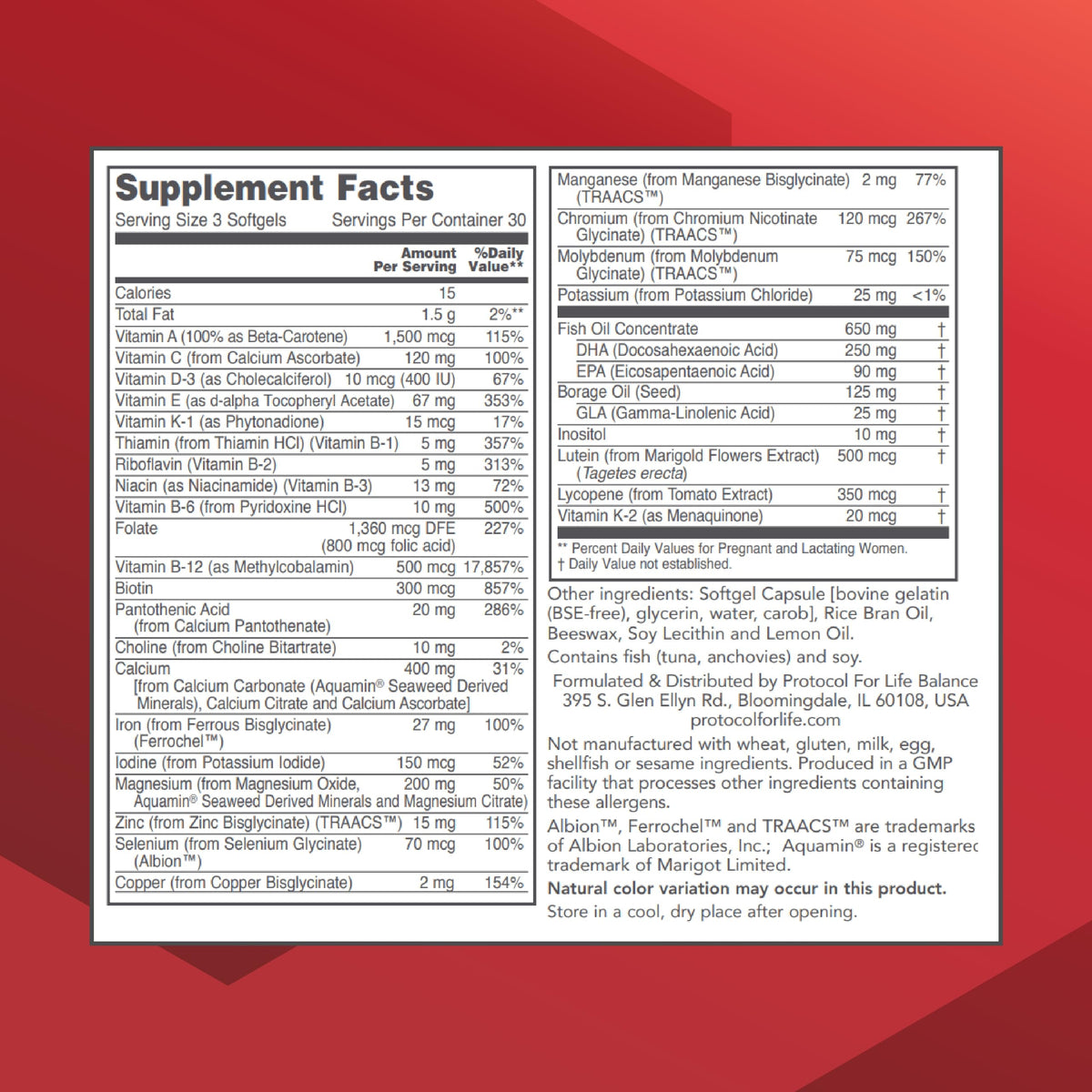 PROTOCOL FOR LIFE BALANCE gélules prénatales avec informations nutritionnelles