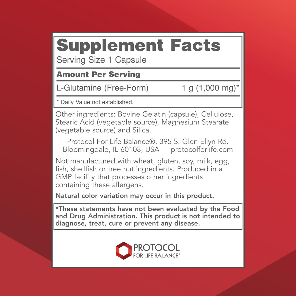 PROTOCOL FOR LIFE BALANCE L-Glutamine 1 000 mg capsules végétales avec étiquette visible