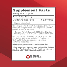 PROTOCOL FOR LIFE BALANCE L-Glutamine 1 000 mg capsules végétales avec étiquette visible