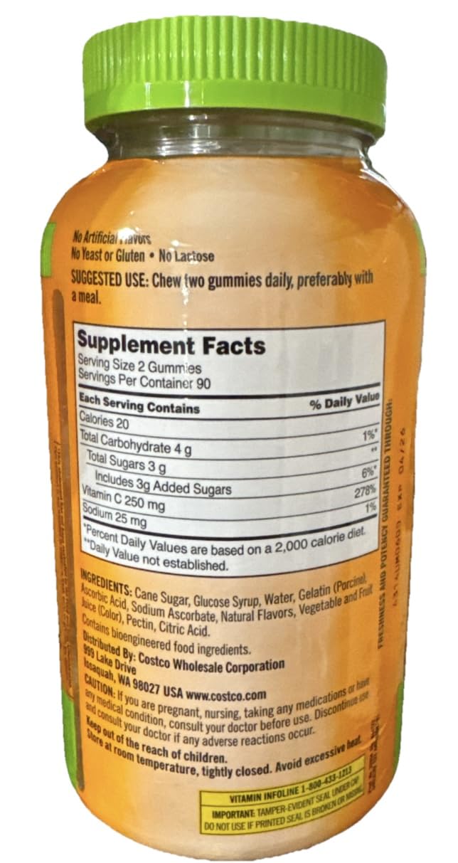 Proximité des gummies de Vitamine C KIRKLAND avec étiquetage clair