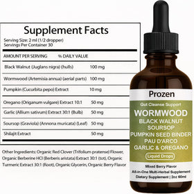 Prozen Wormwood Gut Cleanse 60ml avec des herbes naturelles en arrière-plan