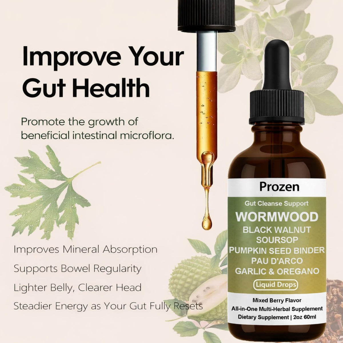 Prozen Wormwood Gut Cleanse 60ml avec ingrédients sur fond blanc
