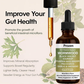 Prozen Wormwood Gut Cleanse 60ml avec ingrédients sur fond blanc