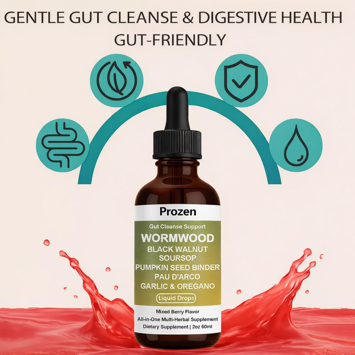 Prozen Wormwood Gut Cleanse 60ml flacon ouvert montrant le compte-gouttes