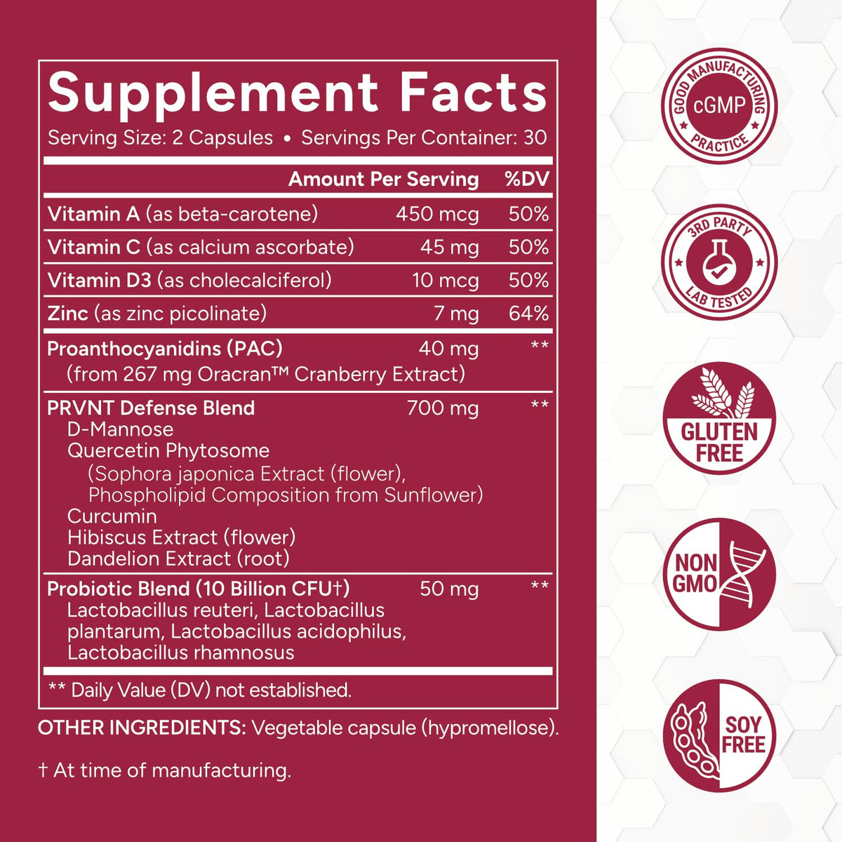 PRVNT Complément Alimentaire Cranberry PACs D-Mannose 60 Capsules vue de dessus