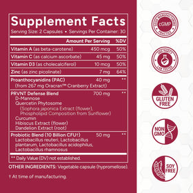 PRVNT Complément Alimentaire Cranberry PACs D-Mannose 60 Capsules vue de dessus