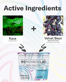 Psychedelic Water mélange de kava en poudre ouvert avec sachets à l'intérieur