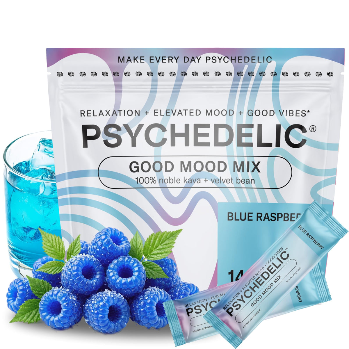 Psychedelic Water mélange de kava en poudre sachets 5,5g goût framboise bleue