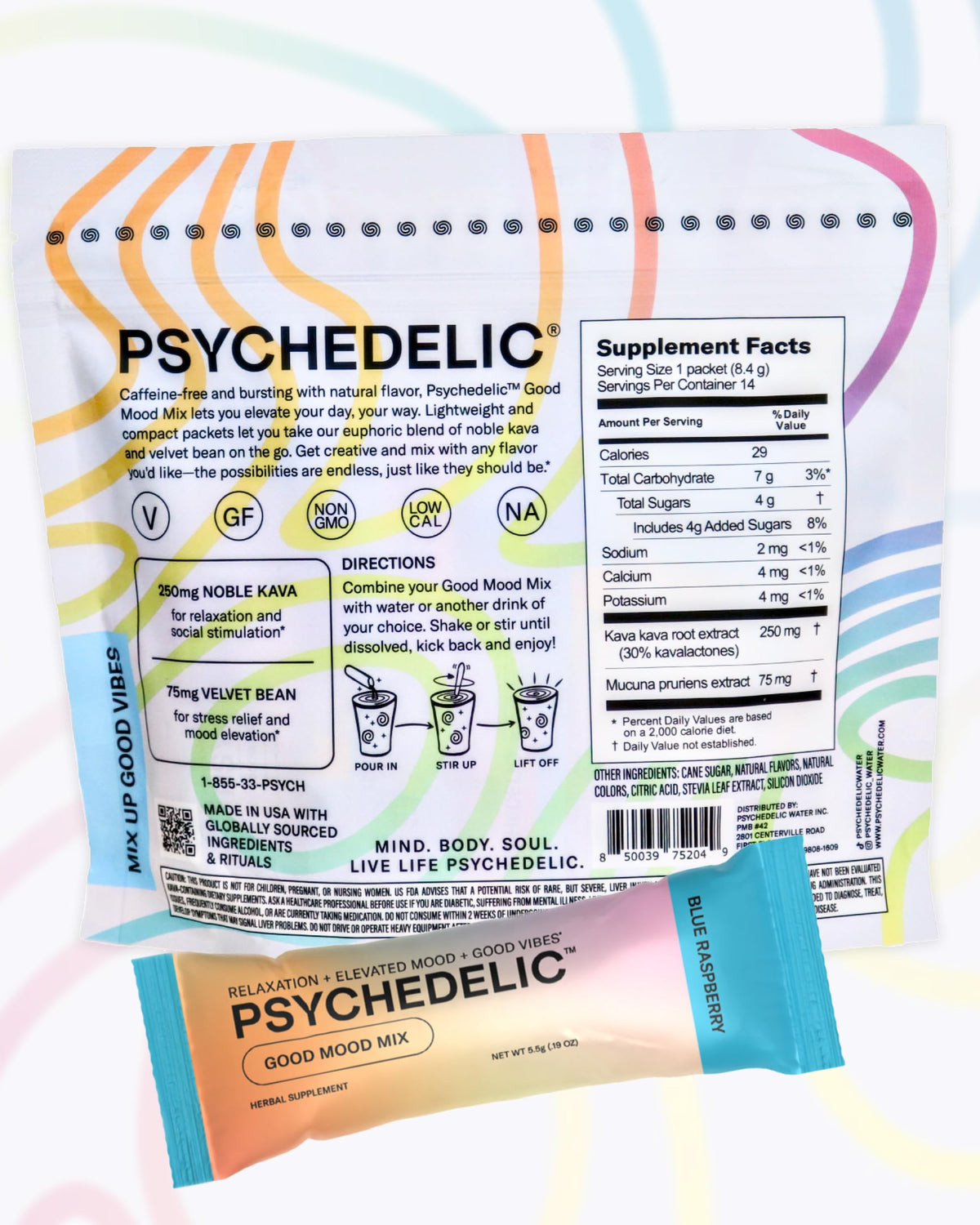 Psychedelic Water sachets de kava en poudre avec ingrédients affichés