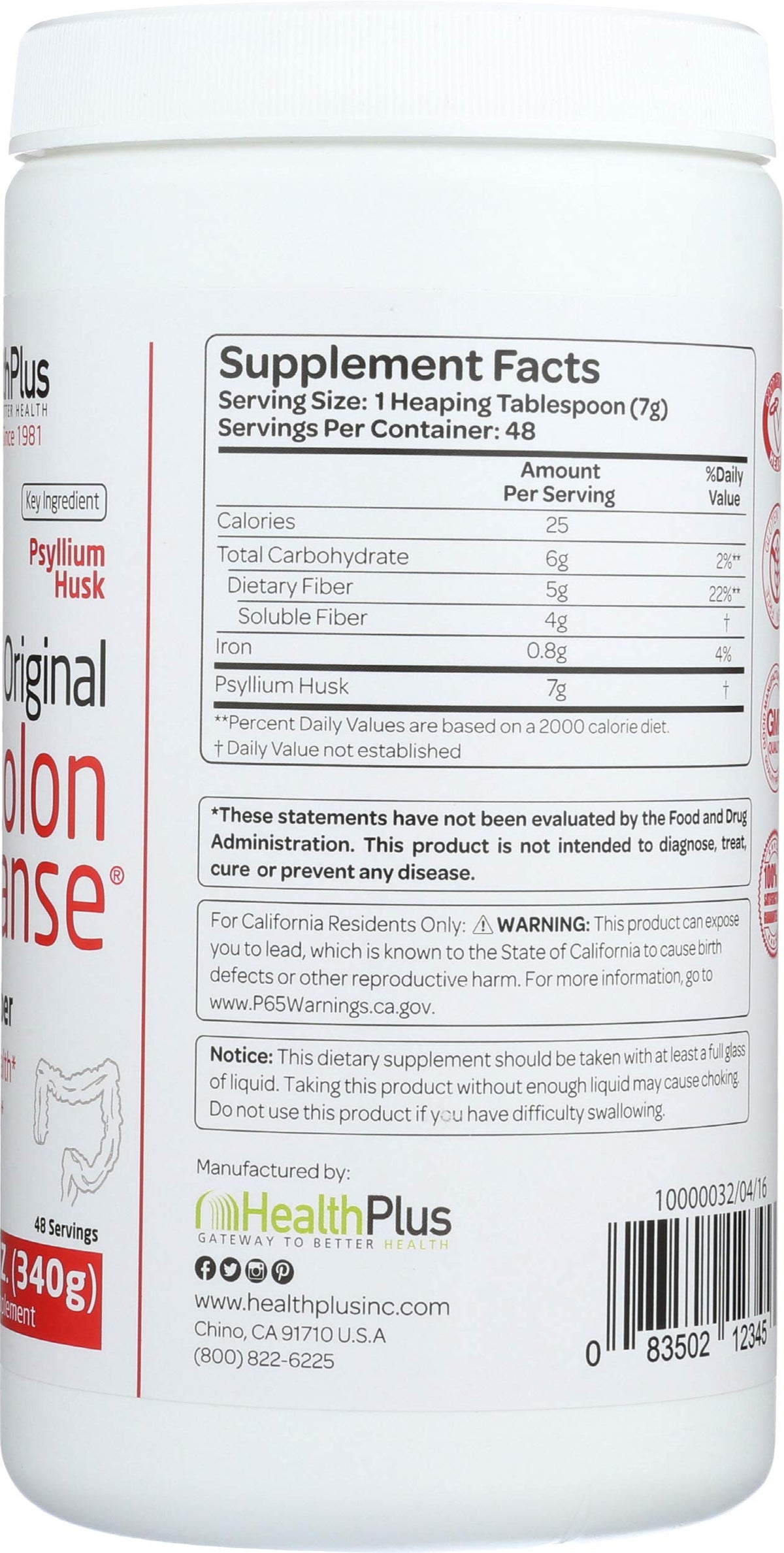 Psyllium 12 OZ Health Plus, étiquette avec ingrédients