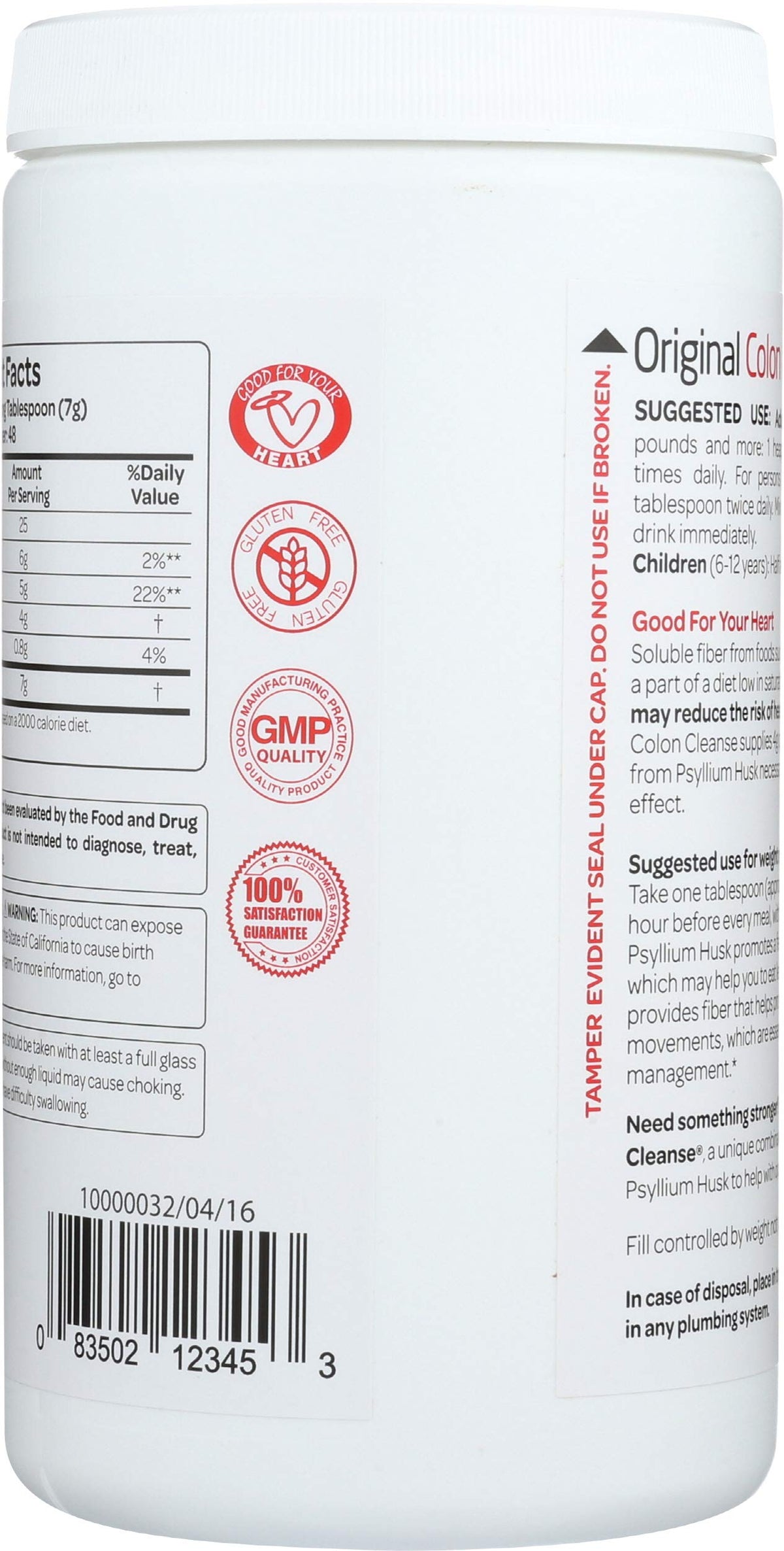 Psyllium 12 OZ Health Plus, vue arrière de l'emballage