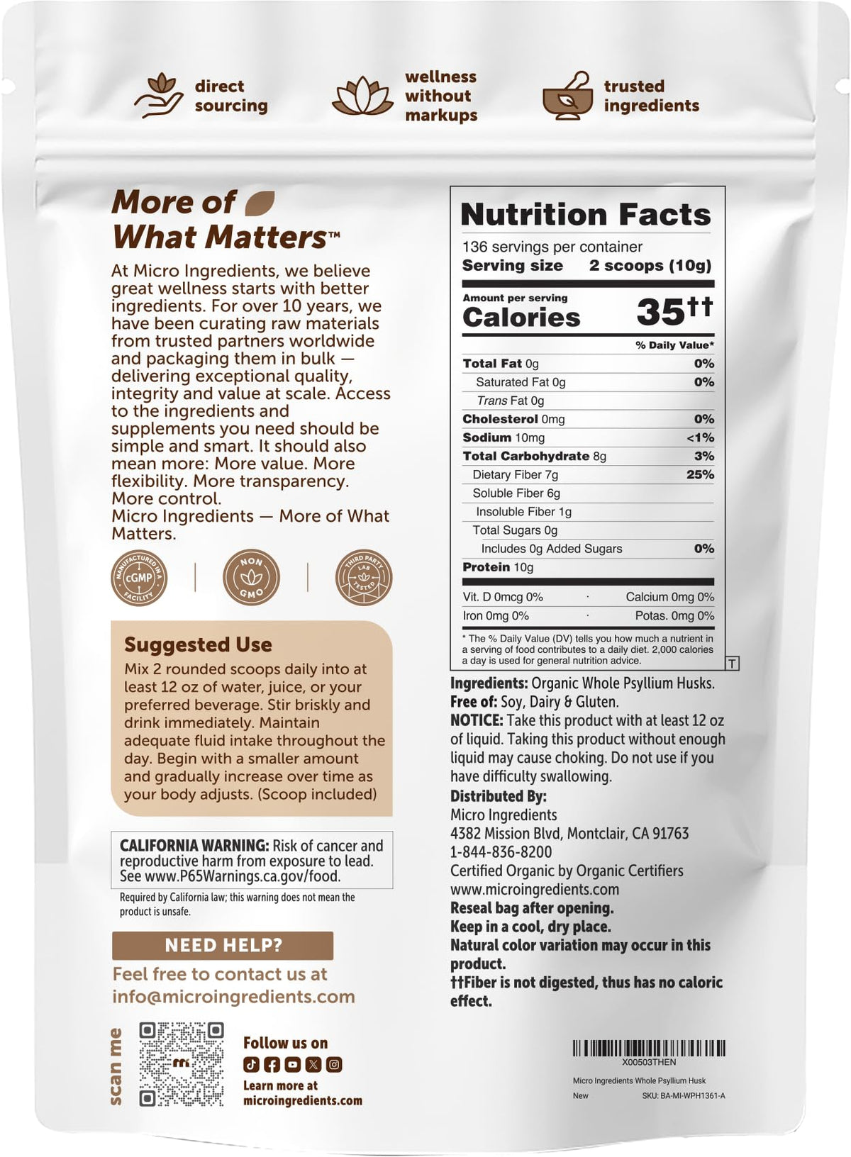 Psyllium entier bio Micro Ingredients sur une table de cuisine