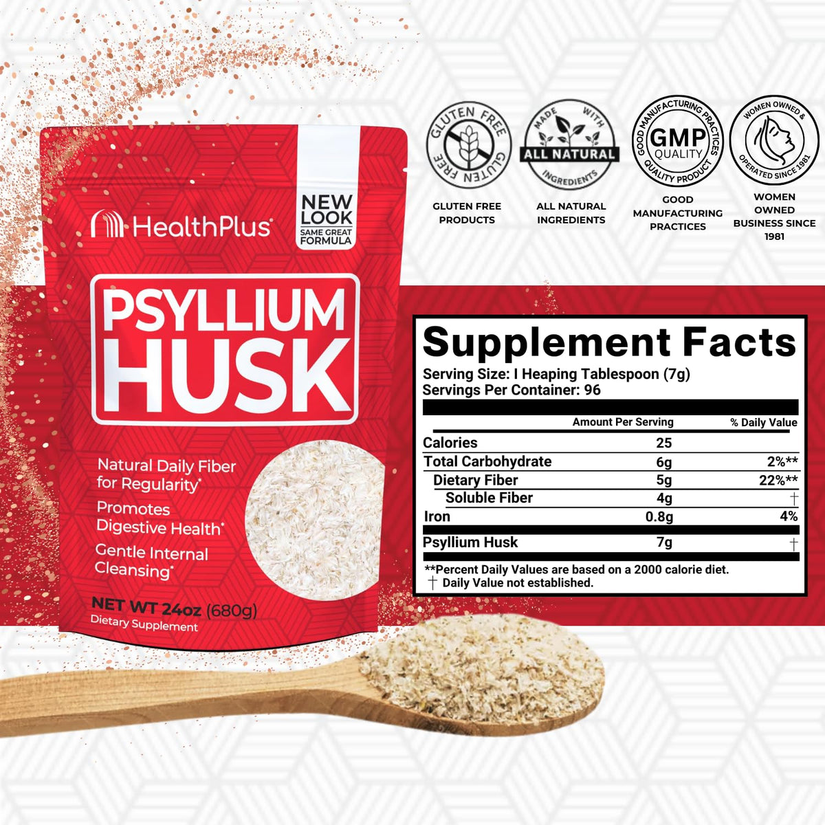 Psyllium Husk Fiber de Health Plus, emballage avec informations nutritionnelles