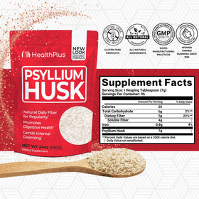 Psyllium Husk Fiber de Health Plus, emballage avec informations nutritionnelles