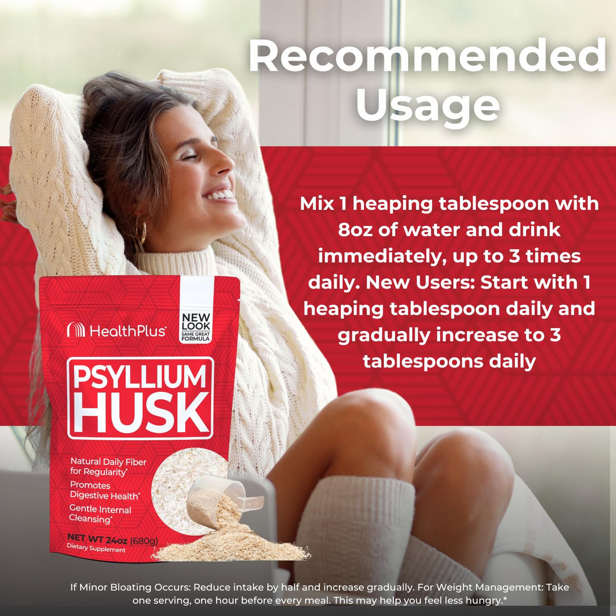Psyllium Husk Fiber de Health Plus, poudre dans un verre d'eau