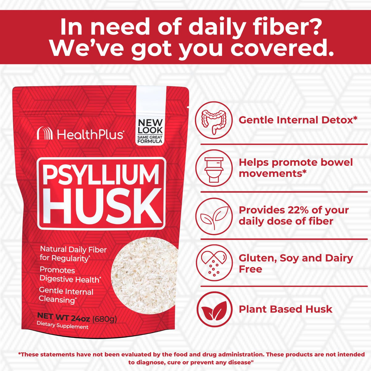 Psyllium Husk Fiber de Health Plus, vue de côté du produit