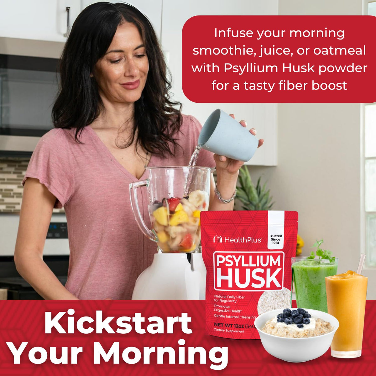 Psyllium Husk Fiber de Health Plus, vue du produit avec une cuillère