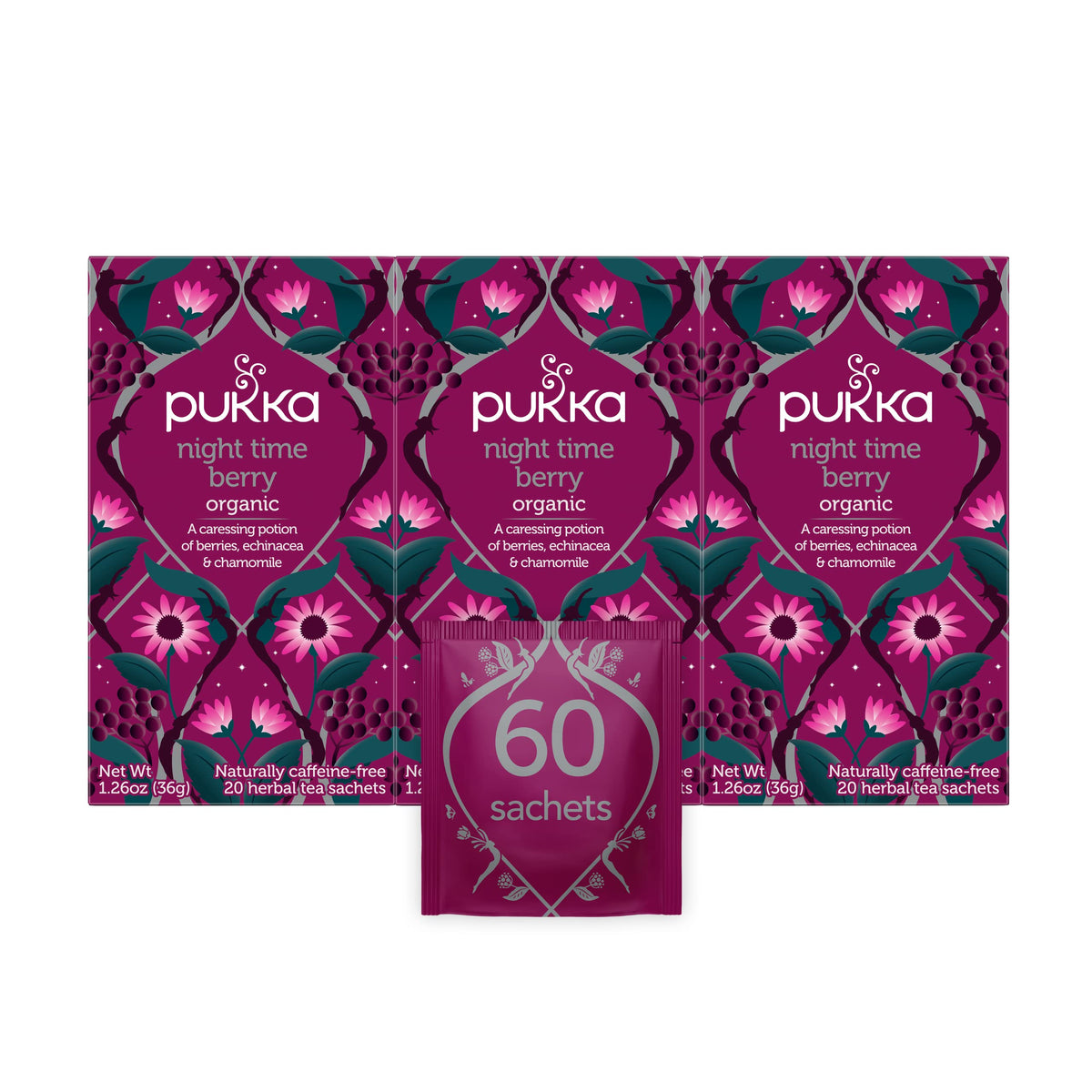 Pukka Thé Bio Nuit Fruits Rouges sachets en vue de face