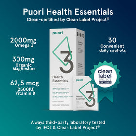 Puori P3 sachets avec ingrédients naturels affichés