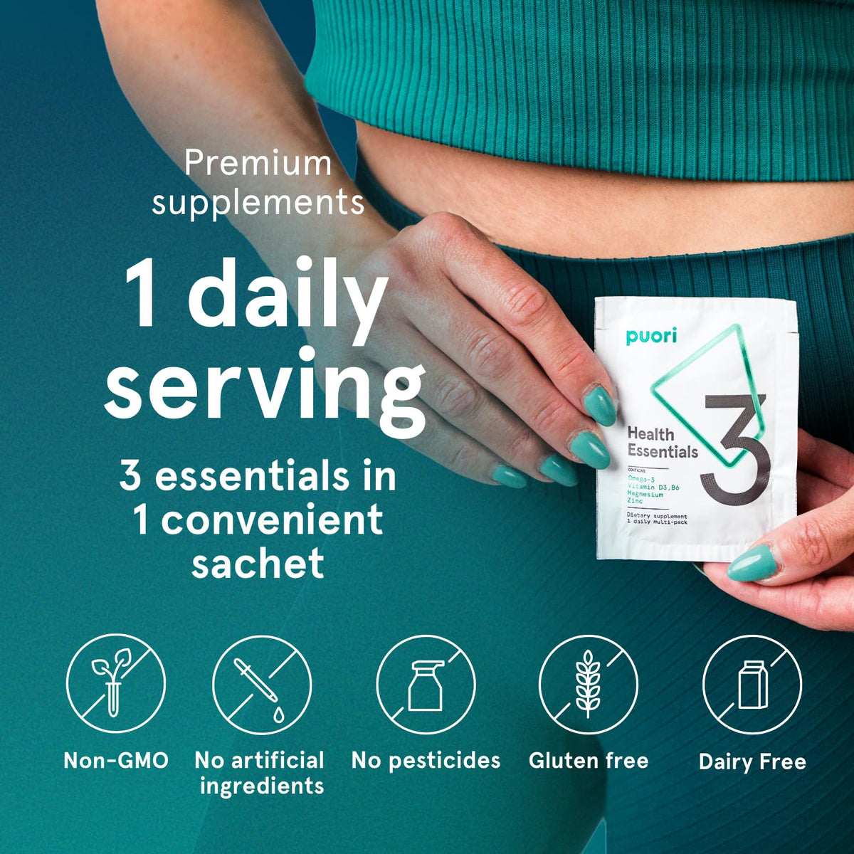 Puori P3 sachets en main, prêt à être utilisé