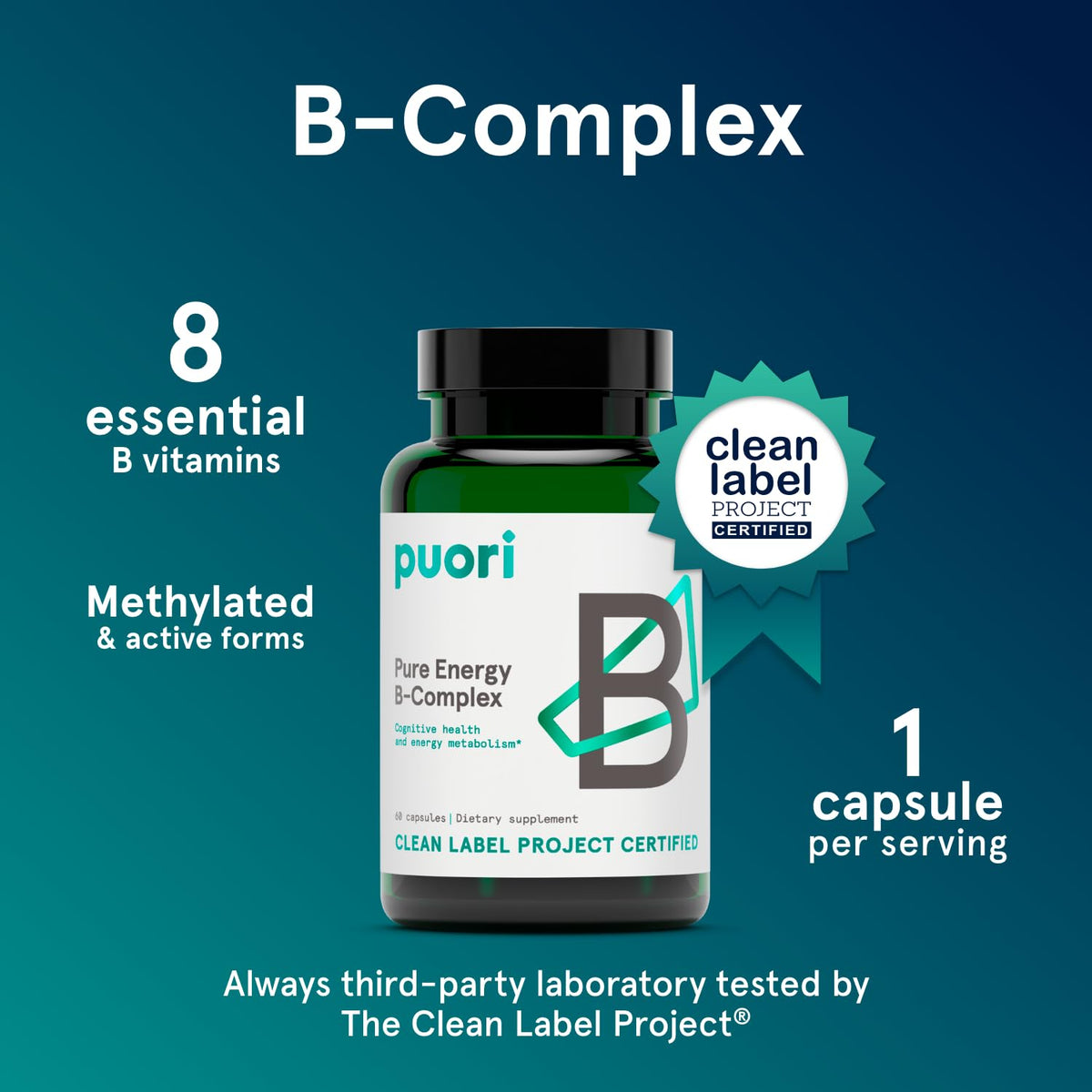 Puori Pure Energy B-Complex, vue arrière de l'emballage