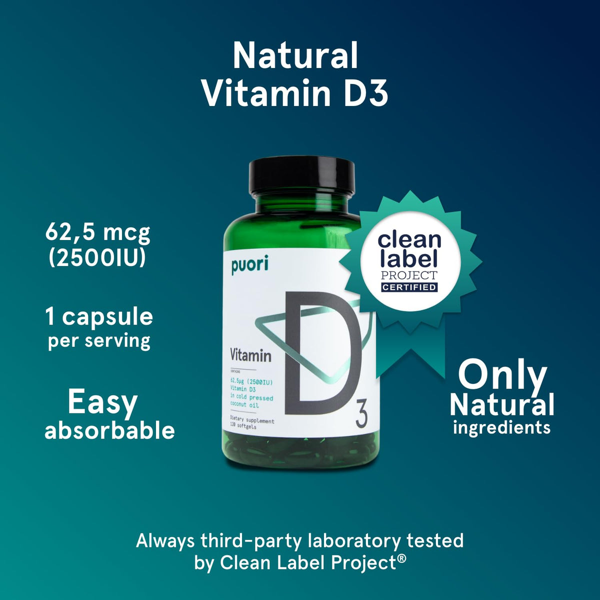 Puori Vitamine D3 gélules avec étiquette