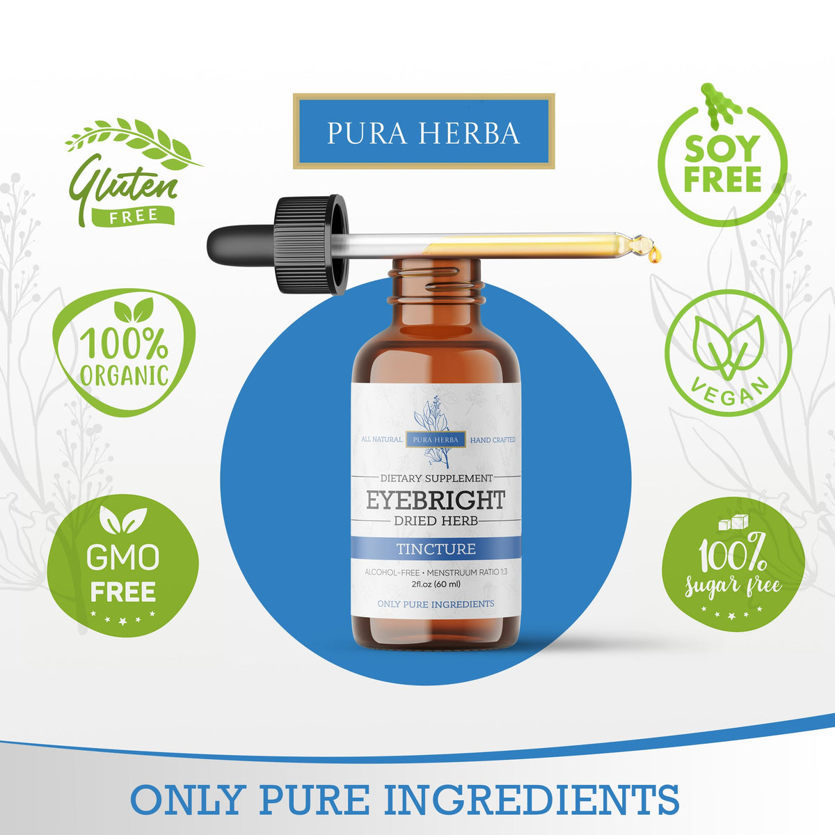 Pura Herba Extrait de Plante Eyebright 60 ml avec goutte dans un verre