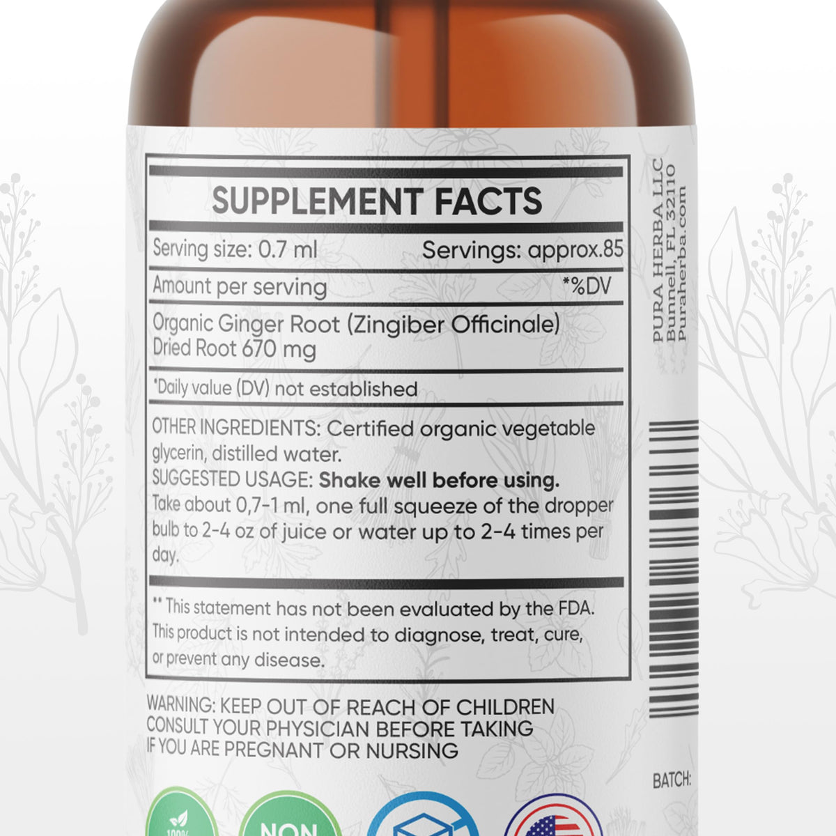 Pura Herba gouttes liquides de gingembre bio 168g avec pipette