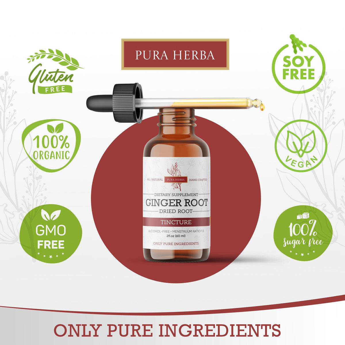 Pura Herba gouttes liquides de gingembre bio 168g sur une table en bois