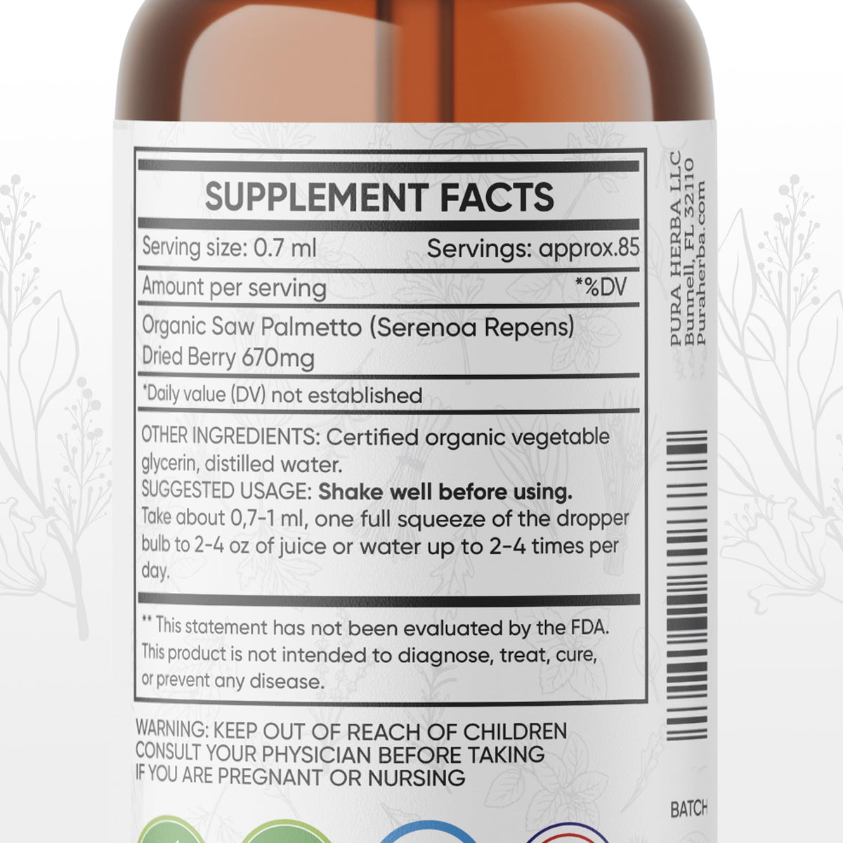 Pura Herba Teinture de Saw Palmetto 120 ml vue arrière