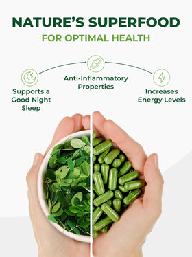 Pura Vida Moringa capsules bio avec un verre d'eau