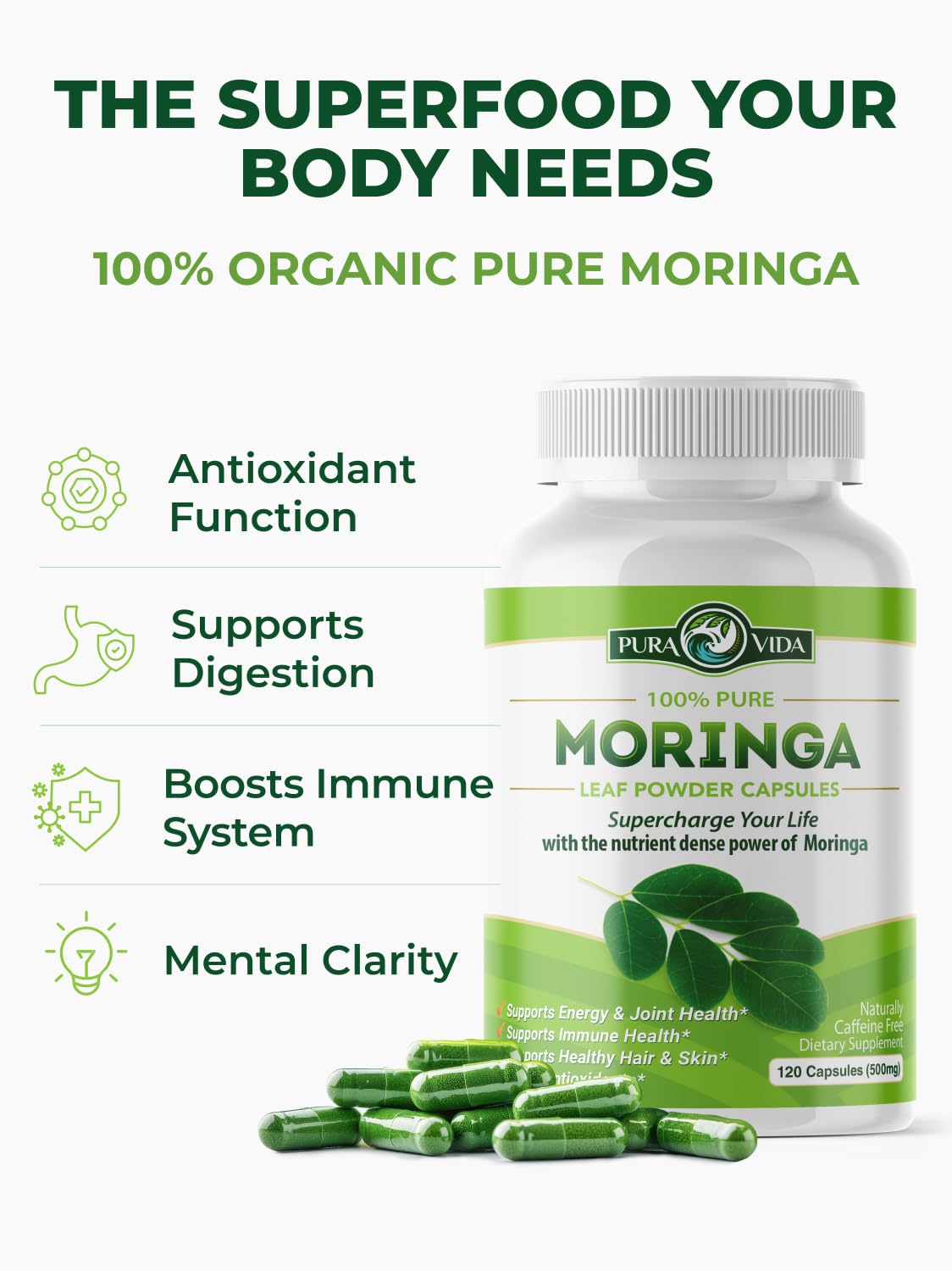 Pura Vida Moringa capsules bio ouvertes avec la poudre de Moringa
