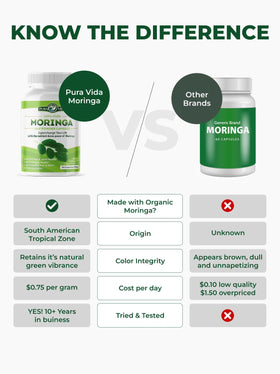 Pura Vida Moringa capsules bio sur une table en bois